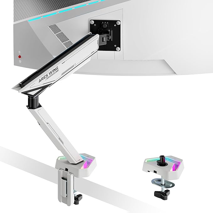 ARES WING RGB Single Monitor Arm Desk Mount for 17-45 inches Flat and Curved Monitors, Holds 35.2 lbs Heavy Duty, Adjustable Ultrawide Monitor Arm with Clamp & Grommet Base, 75/100 VESA Mount, White