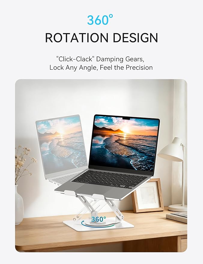SOUNDANCE Laptop Stand with 360° Rotating Base, Ergonomic Computer Riser for Desk, Adjutable Height Muti-Angle, Foldable Laptop Mount, Stable Metal Holder Support 10-15.6" Notebook PC, White
