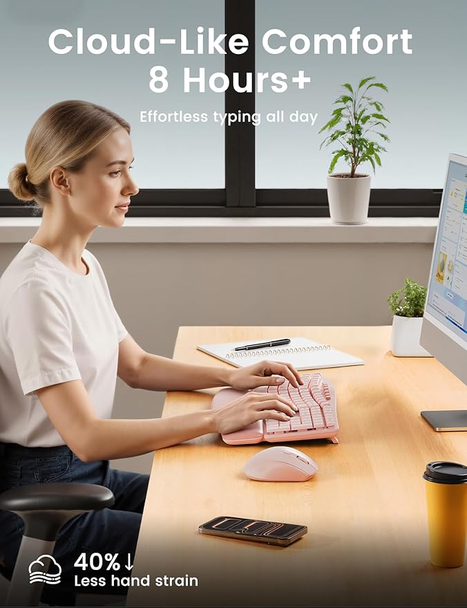 Pink Quiet Wireless Keyboard and Mouse Combo, 2.4G Ergonomic Wave Key Board with Cushioned Plam Rest, Full-Size Soft Typing Keyboards, 3 DPI Adjustable Silent Mouse for Computer/Laptop/Windows/Mac