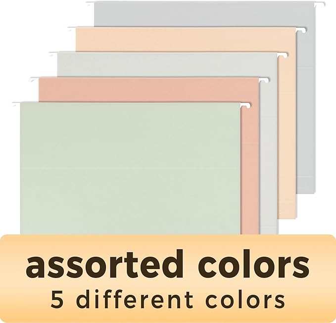 SUNEE Hanging File Folders, Pastel Colors - 75 Pack, Colored File Folders Letter Size with 1/5-Cut Tabs, Ideal for Organizing Home and Office Documents