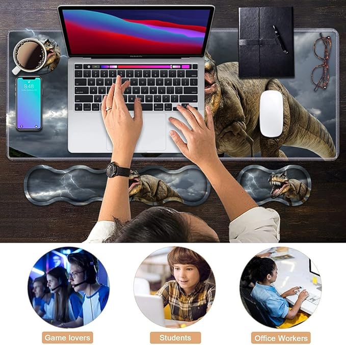Ergonomic Keyboard Wrist Rest & Mouse Pad Wrist Rest Set, Large XXL Gaming Desk Mat 31.5"x 11.8" with Memory Foam, Easy Typing Pain Relief for Office & Home, Dinosaur