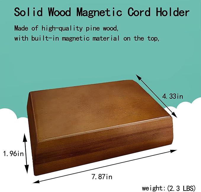 Magnetic Cord Holder Solid Wood Bigger Cable Organizer with 10pcs Magnet Clips for Charger Management on Desktop, Nightstand, or Side Table (Walnut)
