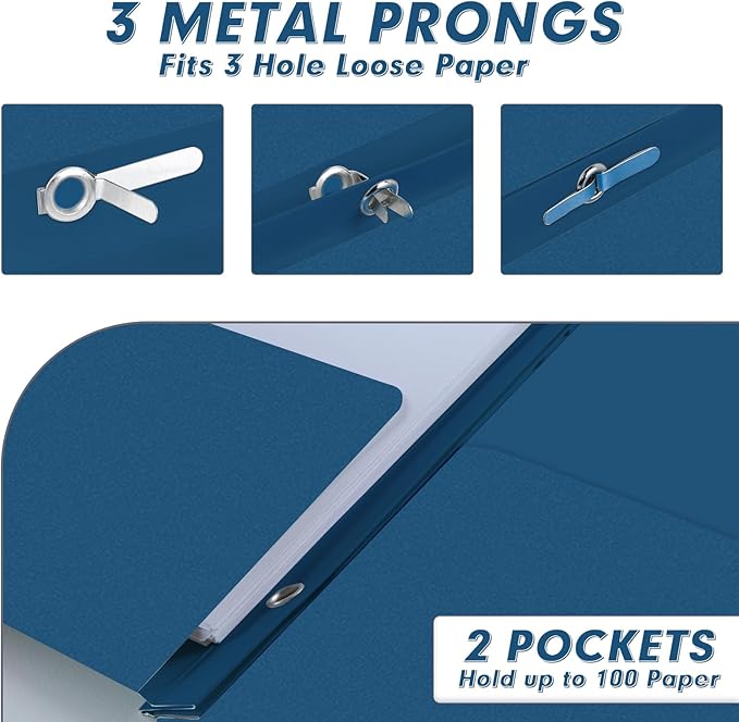 Two Pocket Folders, PANDRI 30 Pack Two Pocket Folders with Prongs, 3 Prong Folders Designed for Office and Classroom, Letter Size Darkblue