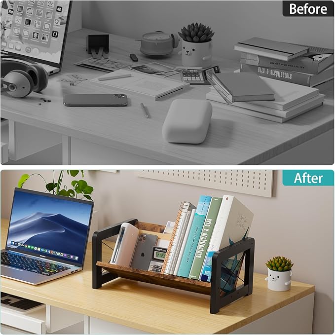 ELITEROO Desktop Bookshelf Organizer, Wood Slanted Desk Bookshelf, Small Tabletop Book Rack, Portable Mini Bookcase for Book Display, Cookbooks, Kids Reading, Office & Home Storage, Rustic Brown