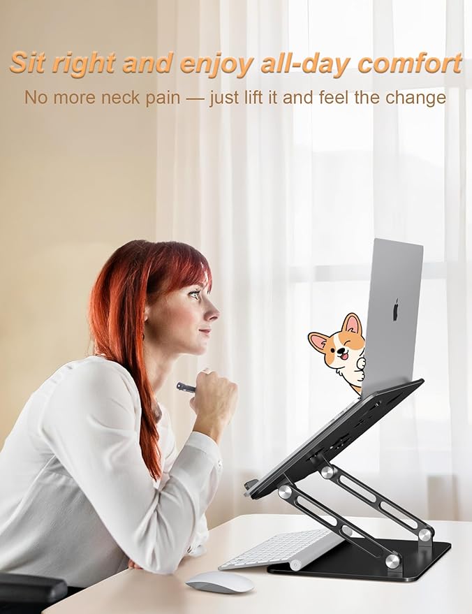 Laptop Stand for Desk – Adjustable Portable Laptop Riser, Aluminum Laptop Holder Compatible with MacBook Air Pro, Dell, HP, Lenovo (10"-17.3"), Featuring Unique Puppy Panel Design, Black