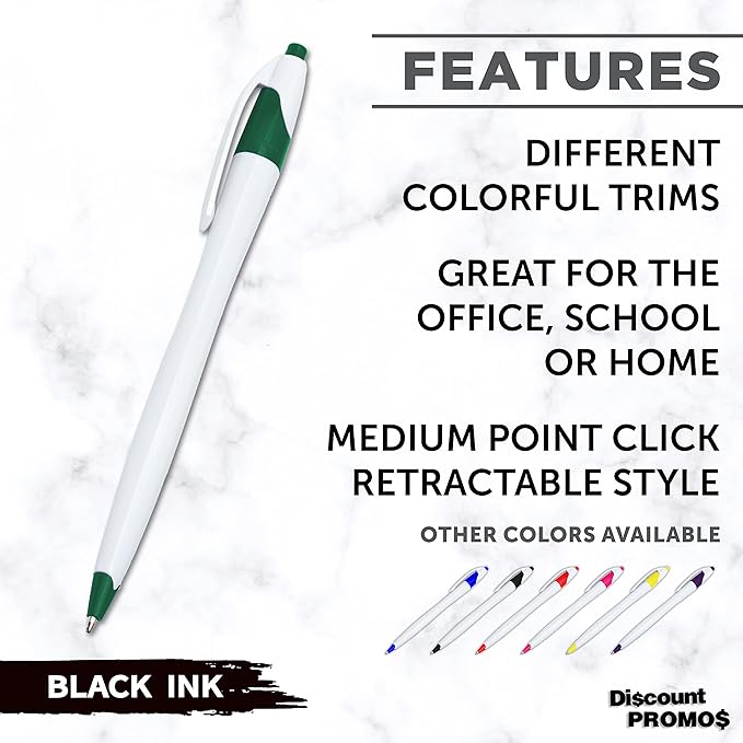 DISCOUNT PROMOS Slim Curvy Ballpoint Pens Set of 10, Bulk Pack - Black Ink, Retractable, Great for Office, School, Tradeshows - Green