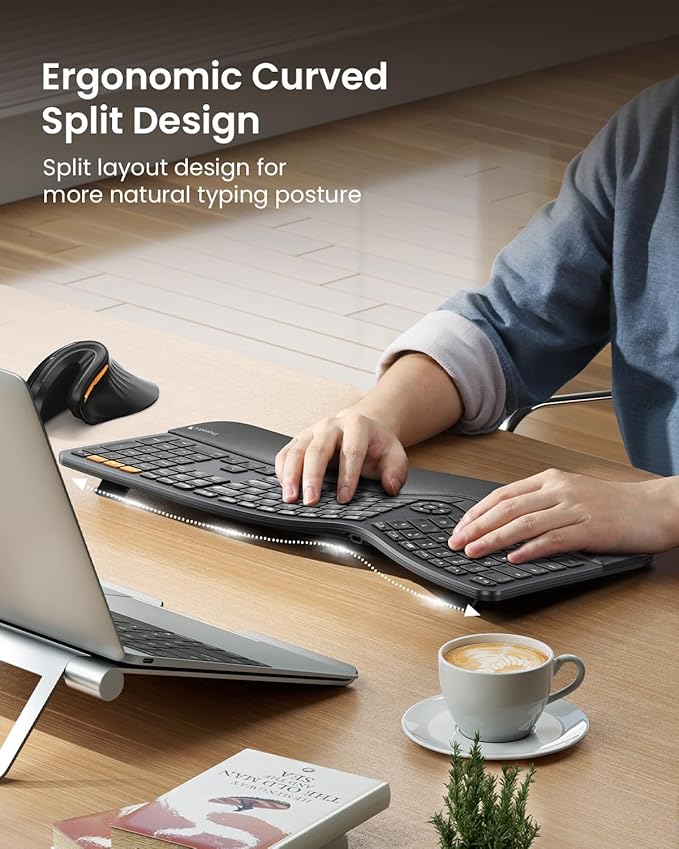 ProtoArc Backlit Bluetooth Ergonomic Keyboard, EK01 Plus Full Size Wireless Split Keyboard with Dual Bluetooth and USB, Cushioned Wrist Rest, Rechargeable, Compatible with Windows/Mac/Android, Black