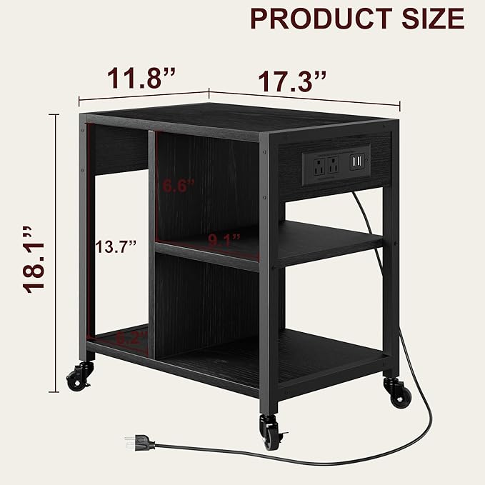 GarveeLife Small Printer Stand with Power Outlets, Rolling Printer Table with Lockable Wheels, Under Desk Printer Cart with Storage, Utility Storage Cart for Home, Office, Black