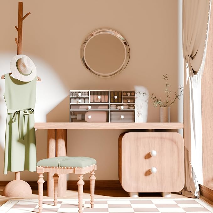 ‌Yashong Desk Organizer Set, White & Clear Stackable Dustproof Storage Boxes for Desktop, Office, DIY Craft & Vertical Space Saving, Perfect for Makeup, Stationery, Jewelry Organization