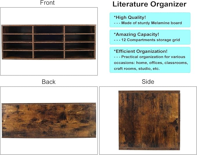 PAG Mail Sorter, Wooden Countertop Literature Organizer, Student & Desktop Bill Paper Organizer, 12 Compartments, Antique Brown