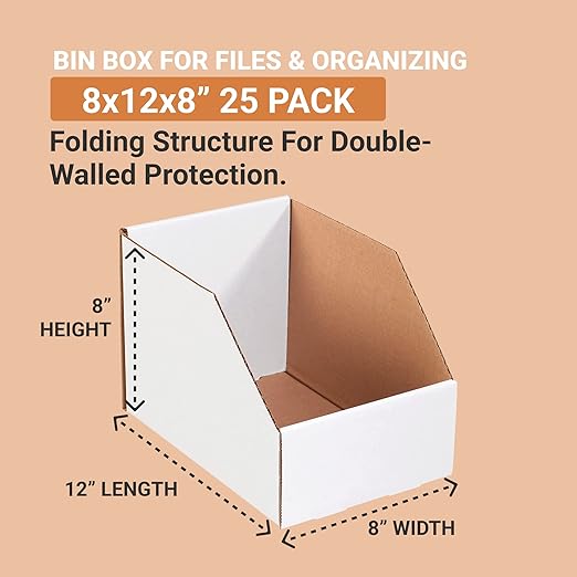 Box USA Storage Bins Medium 8"L x 12"W x 8"H 25-Pack - Corrugated Cardboard Box for Packing, Moving, and Storage