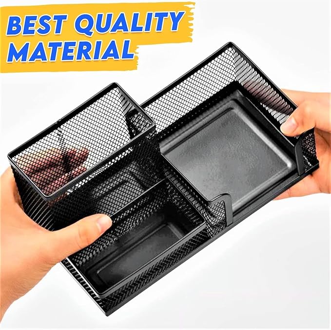 4 Pack 3-in-1 Mesh Pen Holder Desk Organizer, 3 Compartments Pencil Holder Caddy with Sticky Notes Holder for Home, Office & School
