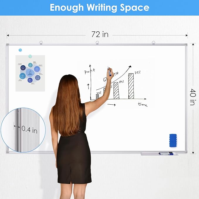Dry Erase Board 72 x 40 Inch, Large Magnetic White Board for Wall, Maxtek Aluminum Frame Erase Board Presentation Wall-Mounted Marker Board with a Long Pen Tray for Classroom, Office & Home