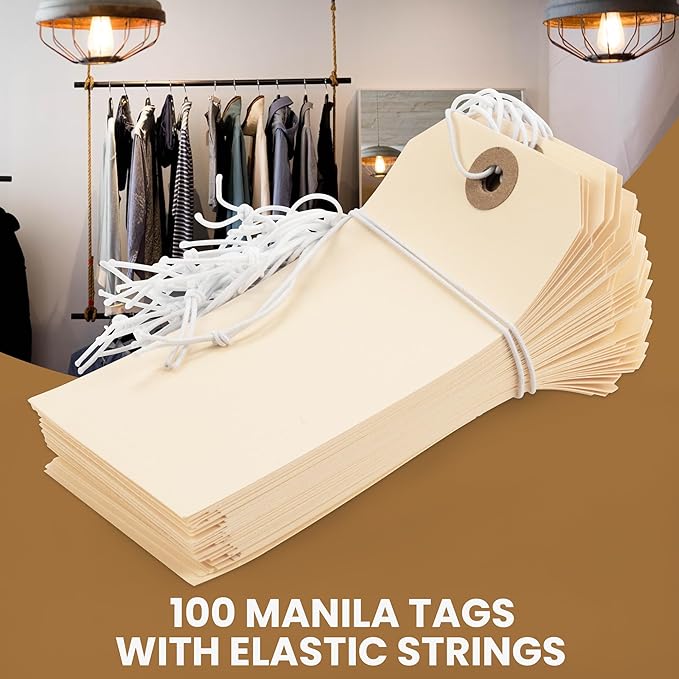 Perco Manila Shipping Tags with Elastic Strings — Large Durable Blank Paper Tags 4¾″ x 2⅜″ — Ideal for Labeling and Inventory Use — Box of 100