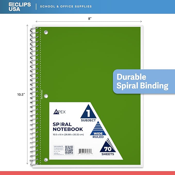 E-CLIPS USA Spiral Notebook, Wide Ruled Notebooks (12 Pack), 70 Sheets, Single Subject, Notebooks Bulk, 6 Color Assortment, 3 Hole Perforated Sheets (12, Wide Ruled)