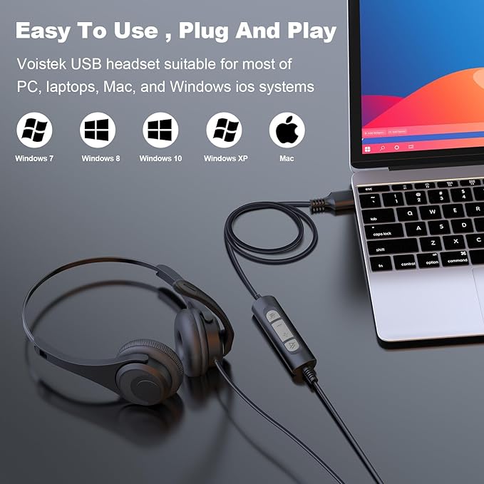 Voistek USB Headset with Microphone,Wired On Ear Computer Headphones with Noise Cancelling Microphone for Laptop PC,in-line Control for Work, Office, Teams, Zoom, Skype, Online Class