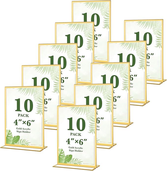 10 Pack Gold Acrylic Sign Holders 4x6 Inch, Double Sided Vertical Stand Clear Picture Frames, Table Menu Display Holders for Wedding Table Numbers, Restaurant Signs, Party and Office Photos