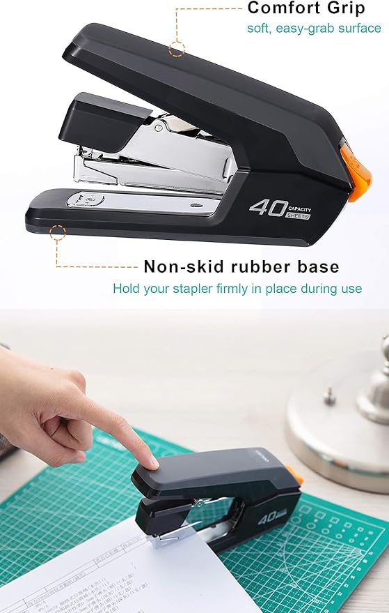 Deli Effortless Desktop Stapler, 40 Sheet Capacity, One Finger Touch Stapling, Easy to Load Ergonomic Heavy Duty Stapler, Includes 1500 Staples and Staple Remover