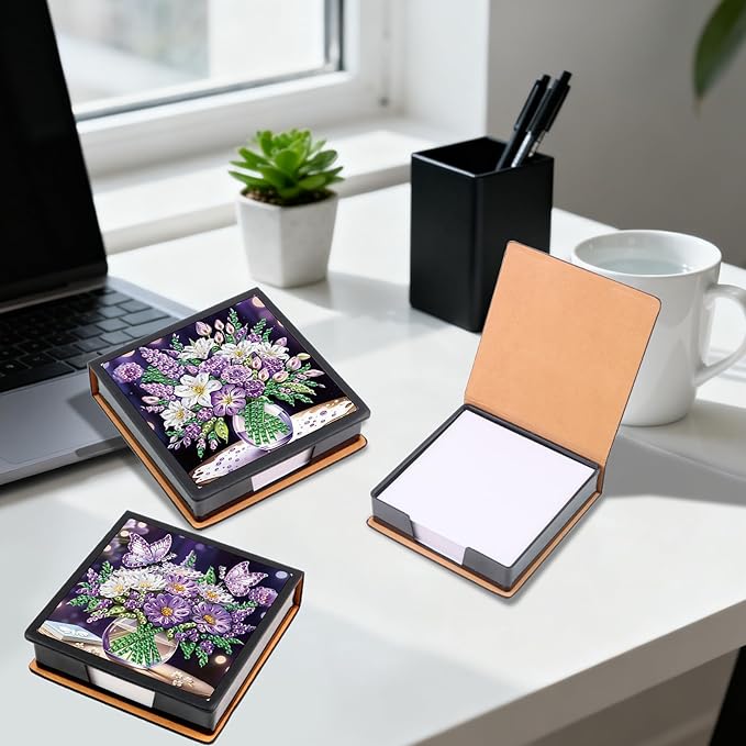 2 pcs Vase Diamond Painting Kit Note Box,Memo Paper Storage Box Diamond Art,Sticky Note Holder Diamond Art,Diamond Painting Memo Pad For Office Desk. (Vase)