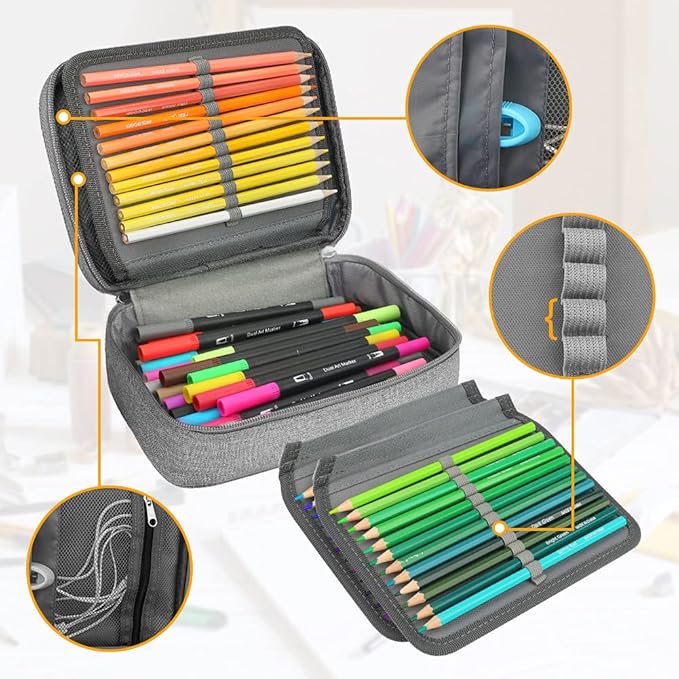 Large Capacity Pencil Case, 72 Slots Colored Pencil Pouch Bag Portable Pencil Holder Stationery Organizer with Compartments for Office and Travel, Grey