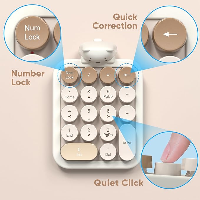MOFII Wireless Number Pad with Bear - Mixed Milktea Numeric Keypad 18 Keys 2.4G Round Keycap Colorful Extensions Cute Numpad, Portable Accounting Financial Retro Numpad 10 Key for Laptop/PC/Notebook