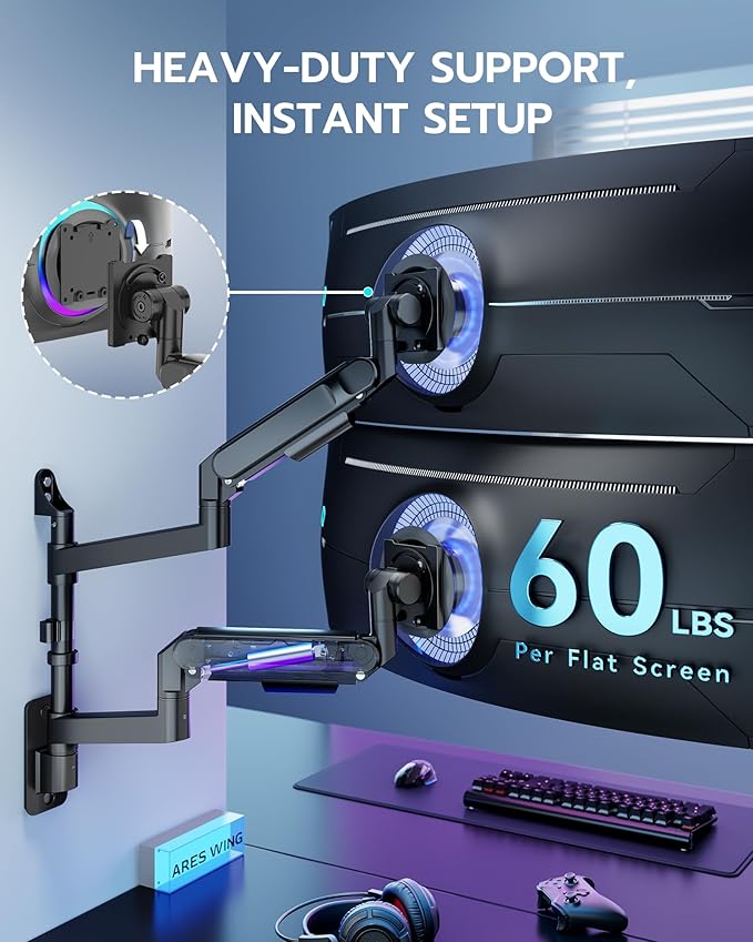 ARES WING Dual Monitor Wall Mount for 24-57 Inch Ultrawide Screens, Premium Heavy Duty Monitor Arm Holds 60 lbs, Full Motion Gas Spring, Bearing Head for Easy Adjustment, 75/100 VESA Mount, Black