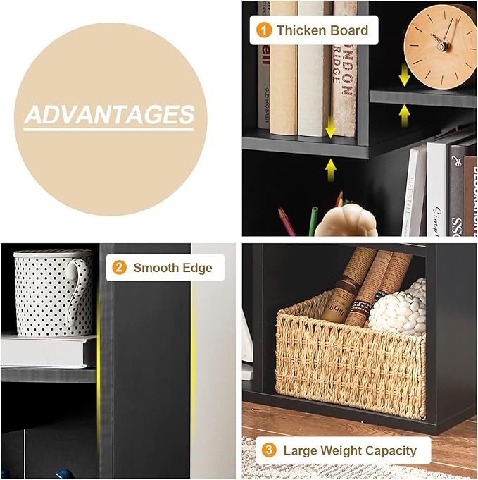 VECELO 4-Tier Bookcase, Modern Storage Cabinet with Height Difference Shelves for Standard Textbooks, 5 Cubes, Vertical or Horizontal, Easy Assembly,Vintage Black