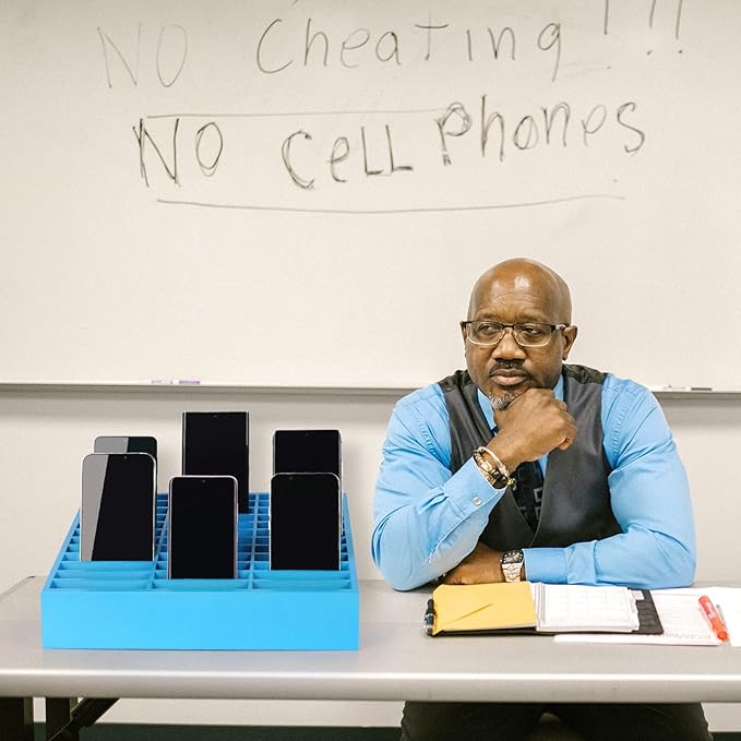 36-Grid Wooden Cell Phone Holder Desktop Organizer Storage Box for Classroom Office (Blue 36-Grid)