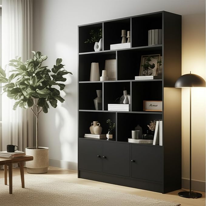 Anystyle Black 5-Tier Bookshelf, 13-Cube Storage Cabinet with 3 Doors, Freestanding Bookcase for Living Room & Home Office, 35.4” W x 11.8” D x 65” H