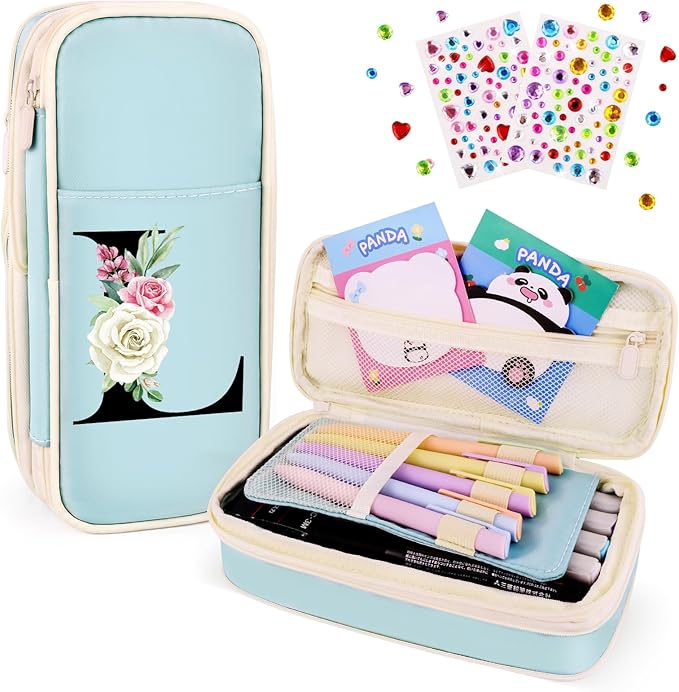 Preppy Pencil Case for Girls, Cute Large Pencil Pouch, Personalized Initial Pencil Bag with Zipper for School College Office Supplies, Back to School Supplies Gifts for Teen Girls (L, Blue)