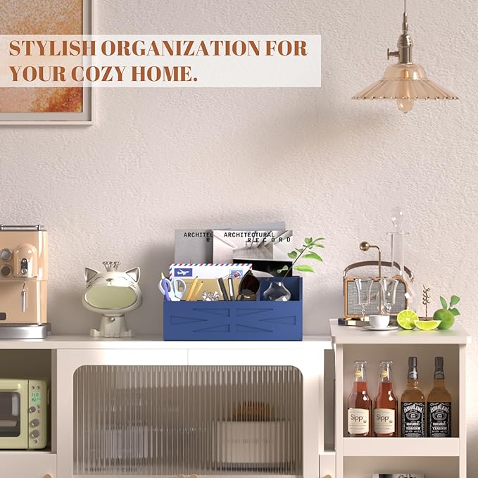 Wood Mail Organizer Countertop,Farmhouse Desk and Kitchen Countertop Storage, Letter Sorter, Desk Mail and Bill Organizer, Desktop File and Paper Holder (Blue)