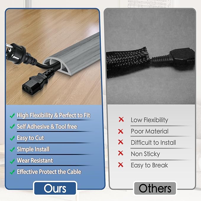 Floor Cord Cover for Wires on Floor Self Adhesive Cord Hider Floor Cable Management Wire Covers for Cords Protector Prevent Cable Trips Cord Cavity W 0.51" x H 0.31", Gray Wood, 20Ft