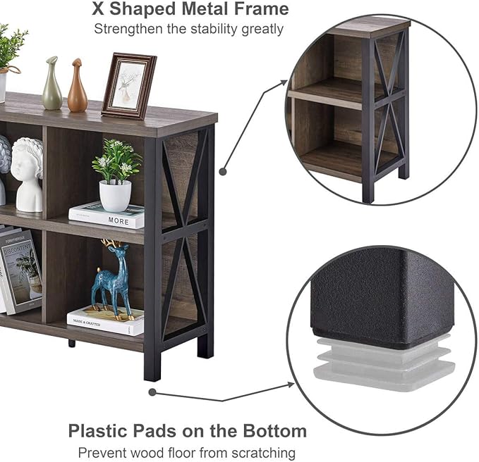 FATORRI 8 Cube Storage Organizer Bookshelf, 62 Inch Rustic Wood Horizontal Bookcase, Industrial Cube Long Book Shelf for Living Room (Walnut Brown)