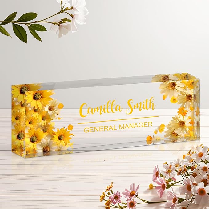 Personalized Name Plate for Desk, Custom Acrylic Desk Name Sign, Office Appreciation Gifts for Women Men Coworkers Boss Teacher Employee (Flower-Sunflower)