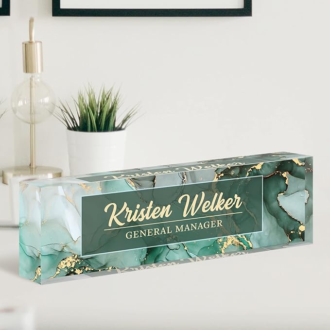 Custom Name Plate for Desk, Desk Name Plate Personalized, Office Decor for Women Men, Acrylic Desktop Accessories, Office Gifts for Coworkers Boss Teacher, Employee Appreciation Gifts (Green/Gold)