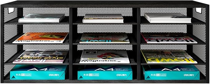 PAG Desktop Mail Sorter, Industrial Countertop Heavy Duty Literature Organizer, Student Mailbox for Classroom, Bill Paper Holder Rack for Office Home School, 12 Compartments, Black