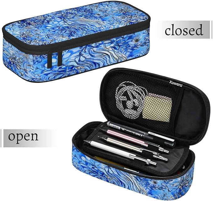 Blue Flower Pencil Case Beautiful Flowing Reflection Pencil Bag Pouch Box Organizer for College School Students Boy Girl