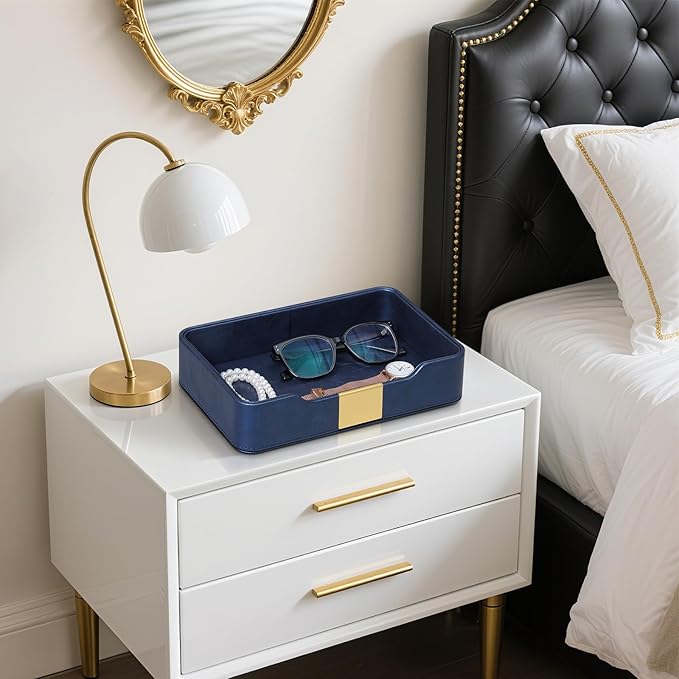 10.2" x 6.7" Nightstand Organizer Tray with Gold Accent, Decorative Valet Trays Cologne Organizer for Men, Key Bowl Perfume Trinket Tray for Dresser Bedside Entryway Table (Navy Blue)