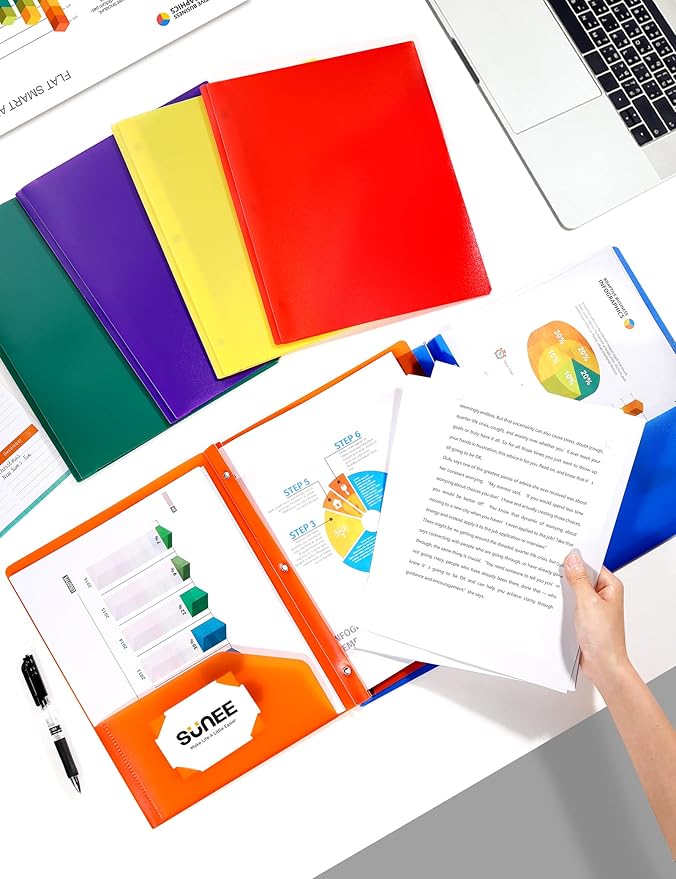 SUNEE 2 Pocket Folders with Prongs (12 Pack, Assorted Color) Plastic Folders with Pockets and Prongs Fit Letter Size, Poly Folders with Pockets for School Office Home Business