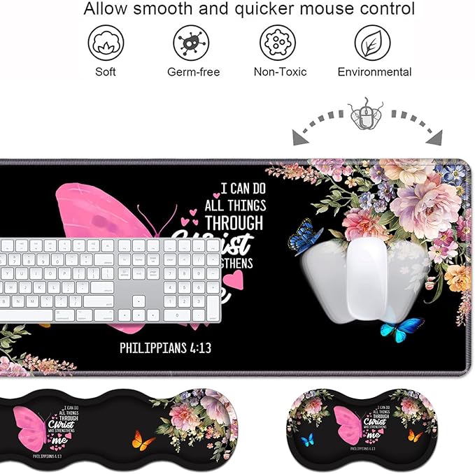 Ergonomic Keyboard Wrist Rest & Mouse Pad Wrist Rest Set, 31.5"x 11.8" Large XXL Gaming Desk Pad Memory Foam Non-Slip Desk Mat for Office & Home, Floral Butterfly Quote Bible Verse Philippians 4-13