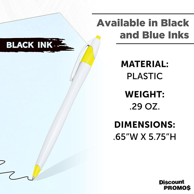 DISCOUNT PROMOS Slim Curvy Ballpoint Pens Set of 10, Bulk Pack - Black Ink, Retractable, Great for Office, School, Tradeshows - Yellow