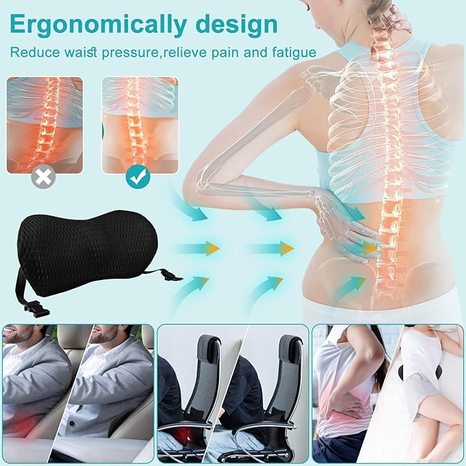 Lumbar Support Pillow, Memory Foam pad is Used to Relieve Lower Back Pain, which can be Easily Fixed with Bandages (Black) in The Back of Office Chairs, Cars, beds and Other Places…, CY0045