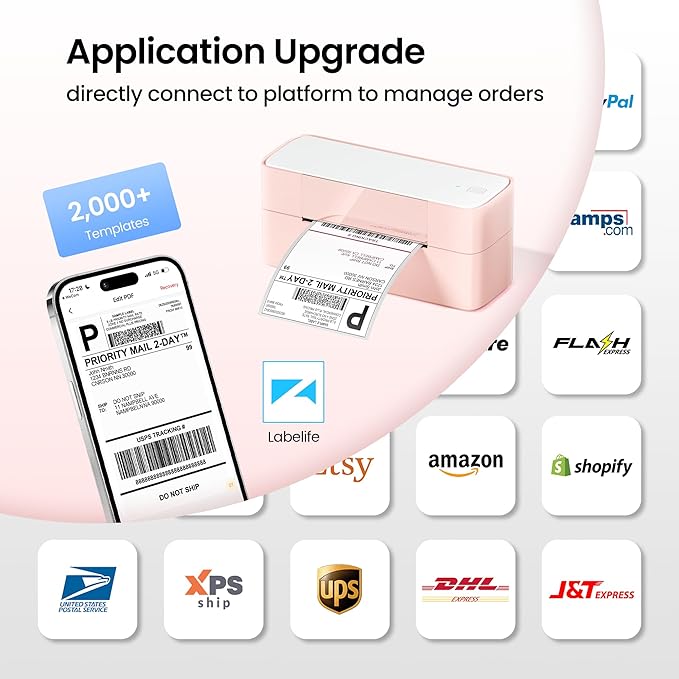 Itari Thermal Shipping Label Printer, 245BT Pink Thermal Label Printer 4x6, Bluetooth Address Label Printers for Business, Support iOS, Android, Windows, Amazon, Shopify, USPS