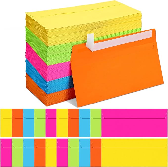 500 Pcs #10 Colored Envelopes Letter Size Business Envelopes Neon Adhesive Standard for Office Check Invoices Letters Letterhead Invitations Announcements 4-1/8 x 9-1/2''(Neon Color)