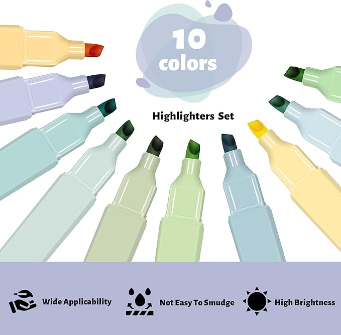 Piochoo Highlighters,10Pcs Bible Highlighters,Chisel Tip Office Accessories for Journaling Planner Notes School Supplies