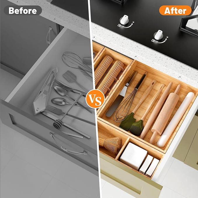 SpaceWhisper Bamboo Drawer Organizer, 5-Piece Drawer Divider with Removable Dividers for Organization and Storage, Multi-Use Stackable Storage Box & Utensil Holder for Kitchen, Office, Makeup & More
