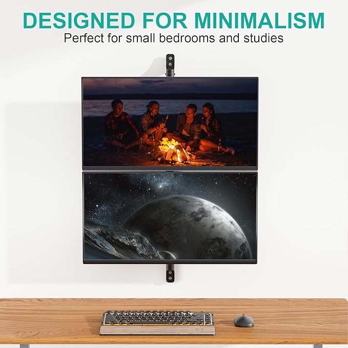 WALI Vertical Dual Monitor Wall Mount, Stacked Monitor Wall Mount for 17-38 Inch 2 Screens 22lbs each with Height Adjustment Heavy Duty Sturdy Steel Tilt Swivel Rotate Flexibility VESA 75x75/100x100mm