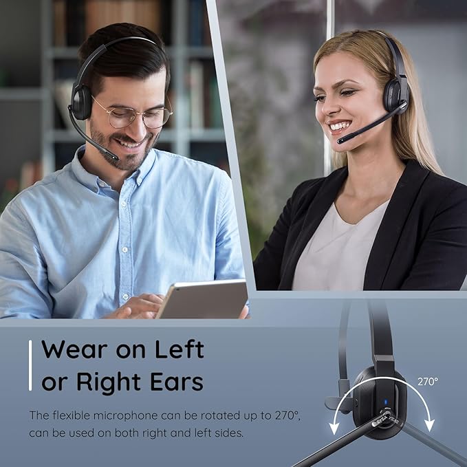 EKSA Wireless Headset with AI Noise Cancelling, 45 Hours Playtime, Trucker Headset with USB Dongle & Charging Base for Work PC Home Office Trucker Call Center