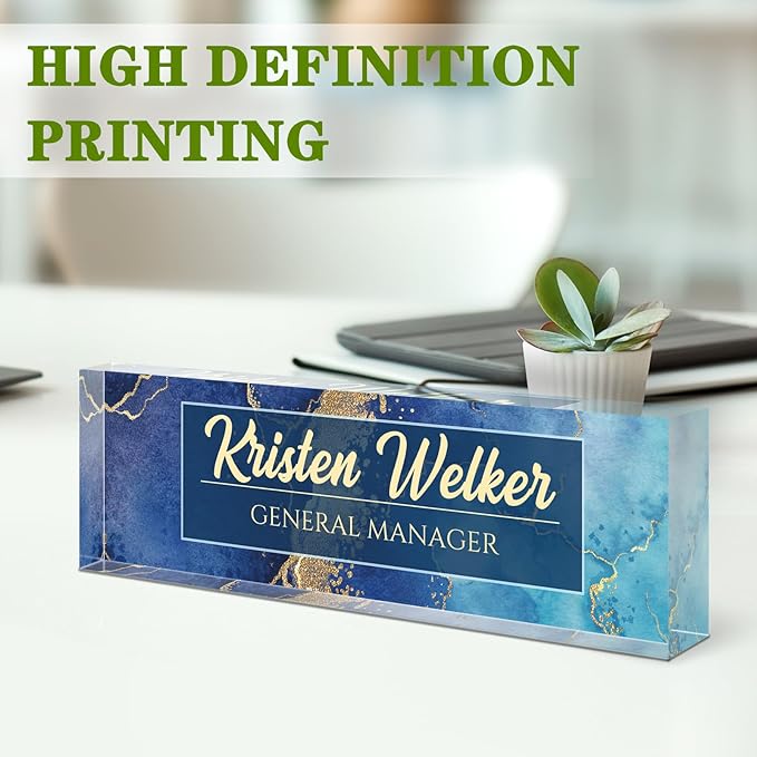 Name Plate for Desk, Desk Name Plate Personalized, Blue Office Decor for Women Men, Acrylic Desktop Accessories, Office Gifts for Boss Nurse Teacher Coworker, Employee Appreciation Gift (Blue Coast)