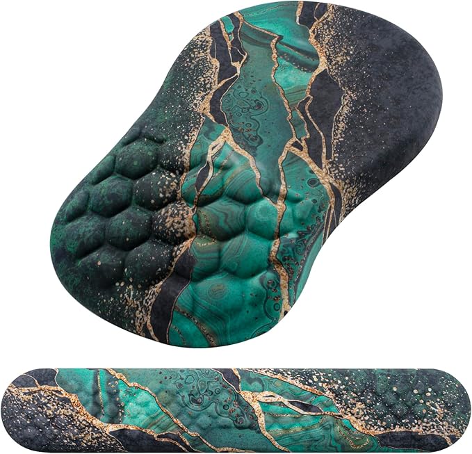 Mouse Pad Wrist Support, Laokiiy 2 in1 Keyboard Wrist Rest+ Ergonomic Mouse Pad, Non-Slip Wrist Rest for Computer Keyboard, Made Easy Typing & Relieve Wrist Pain（Green Gold Black Marble）